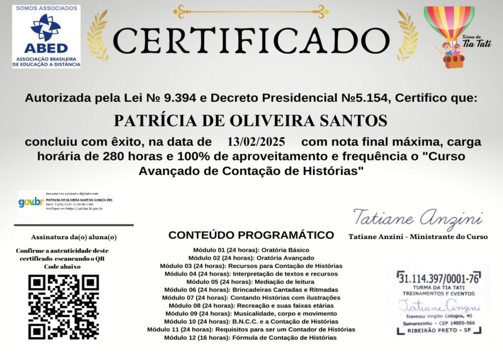 Certificado contação de história básico